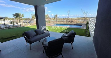 Brand new fully furnished three bedroom apartment with private garden with pool for rent in Zakaki in Sunset Gardens complex
