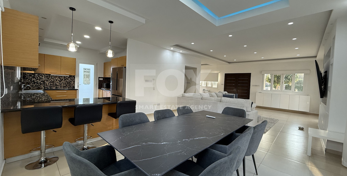 FOR RENT FURNISHED FIVE BEDROOM VILLA IN AGIOS TYCHONAS WITH ALL EN SUITE BEDROOMS , LARGE GARDEN, SWIMMING POOL