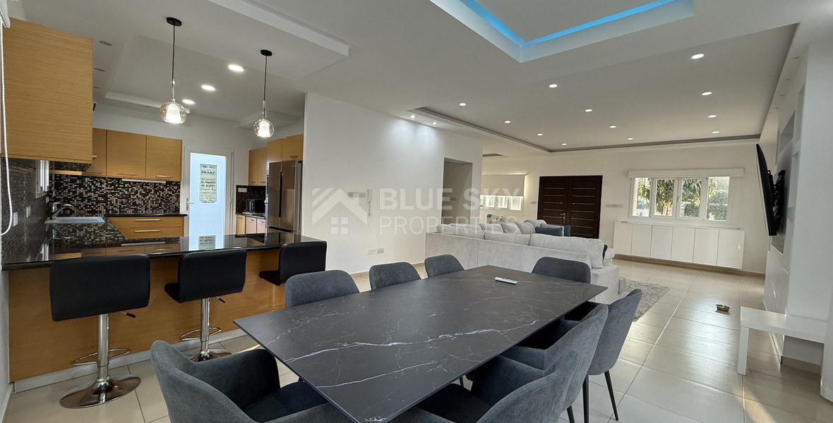 FOR RENT FURNISHED FIVE BEDROOM VILLA IN AGIOS TYCHONAS WITH ALL EN SUITE BEDROOMS , LARGE GARDEN, SWIMMING POOL