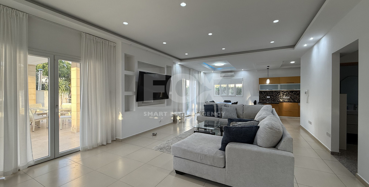 FOR RENT FURNISHED FIVE BEDROOM VILLA IN AGIOS TYCHONAS WITH ALL EN SUITE BEDROOMS , LARGE GARDEN, SWIMMING POOL