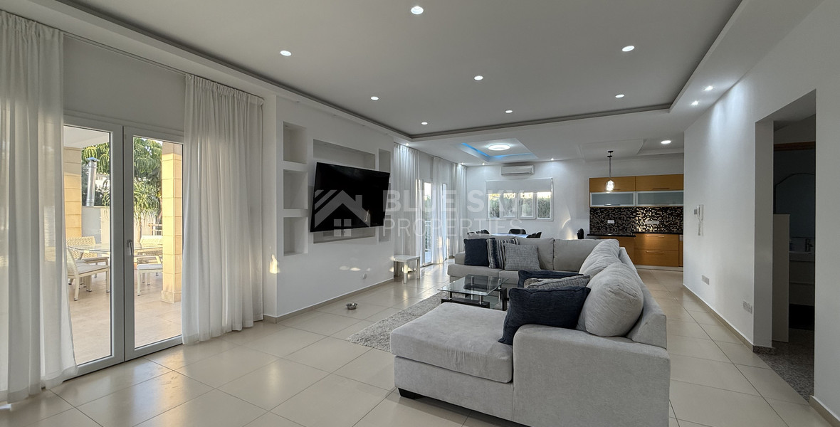 FOR RENT FURNISHED FIVE BEDROOM VILLA IN AGIOS TYCHONAS WITH ALL EN SUITE BEDROOMS , LARGE GARDEN, SWIMMING POOL