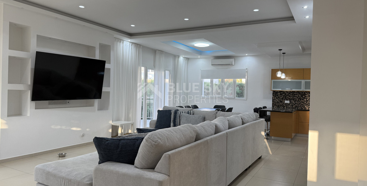 FOR RENT FURNISHED FIVE BEDROOM VILLA IN AGIOS TYCHONAS WITH ALL EN SUITE BEDROOMS , LARGE GARDEN, SWIMMING POOL