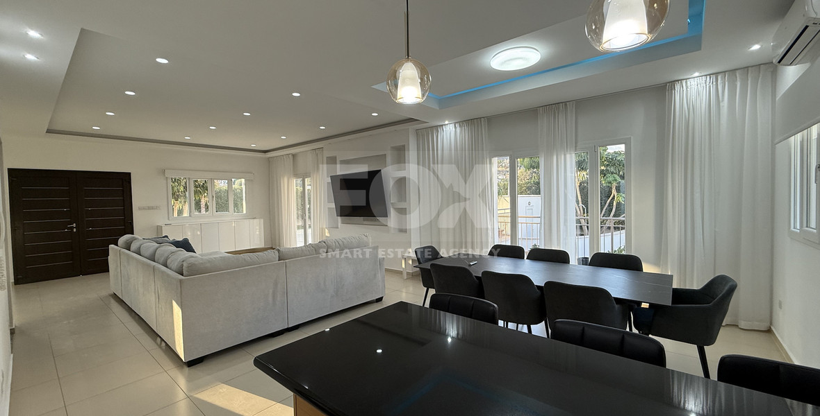 FOR RENT FURNISHED FIVE BEDROOM VILLA IN AGIOS TYCHONAS WITH ALL EN SUITE BEDROOMS , LARGE GARDEN, SWIMMING POOL