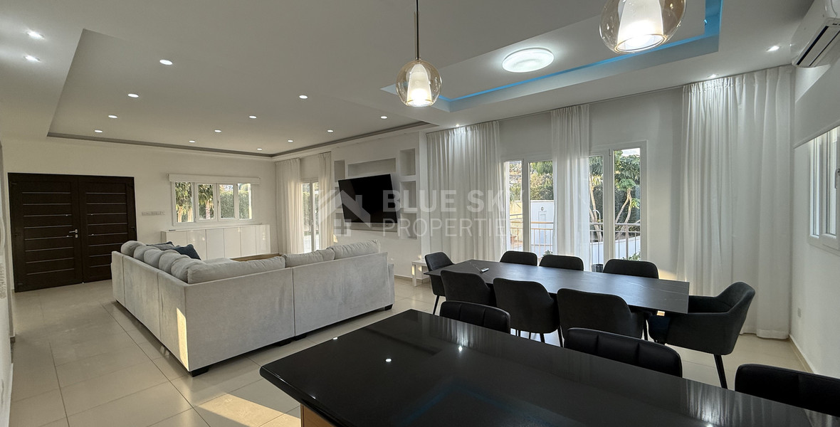 FOR RENT FURNISHED FIVE BEDROOM VILLA IN AGIOS TYCHONAS WITH ALL EN SUITE BEDROOMS , LARGE GARDEN, SWIMMING POOL