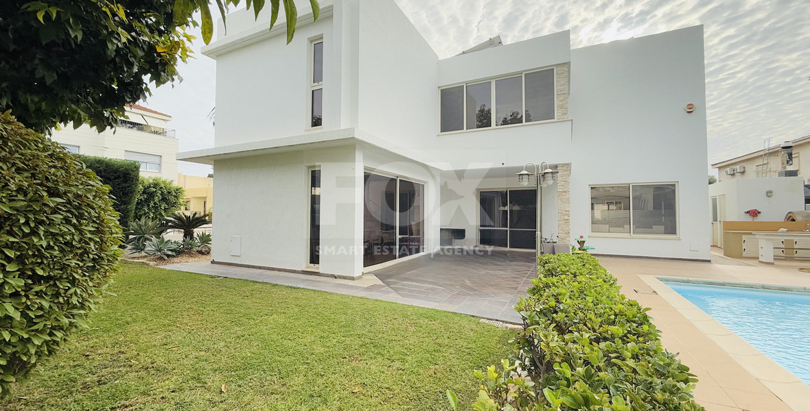 FOR RENT DETACHED FOUR BEDROOM HOUSE WITH SEPARATE OFFICE IN KATO POLEMIDIA OFFERING LANDSCAPED GARDEN AND SWIMMING POOL.