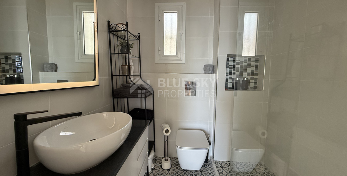 Rent: Renovated, fully furnished two bedroom ground floor apartment in the Amathusia area of Limassol, offering panoramic sea views.