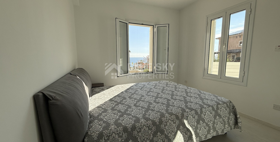 Rent: Renovated, fully furnished two bedroom ground floor apartment in the Amathusia area of Limassol, offering panoramic sea views.