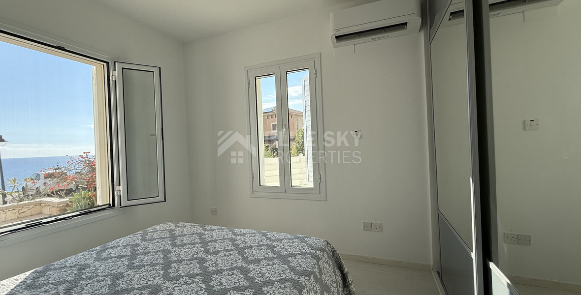 Rent: Renovated, fully furnished two bedroom ground floor apartment in the Amathusia area of Limassol, offering panoramic sea views.