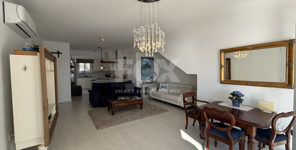 Rent: Renovated, fully furnished two bedroom ground floor apartment in the Amathusia area of Limassol, offering panoramic sea views.