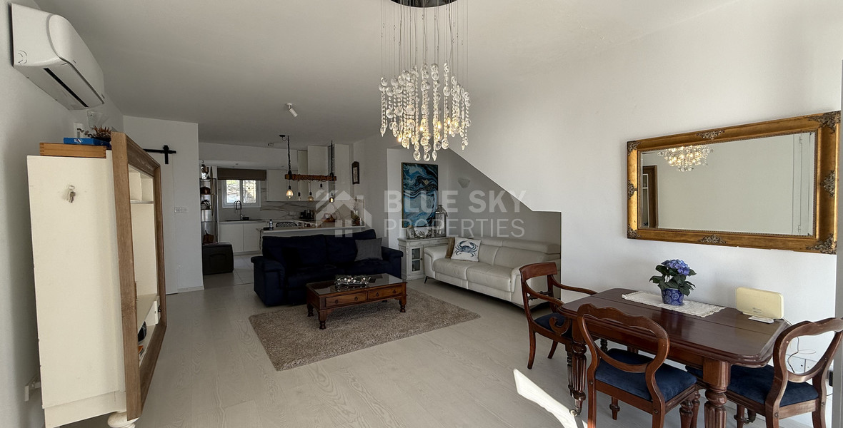 Rent: Renovated, fully furnished two bedroom ground floor apartment in the Amathusia area of Limassol, offering panoramic sea views.