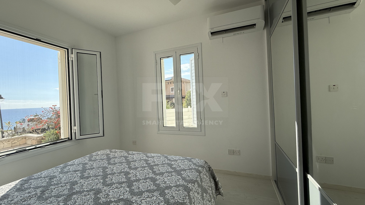 Rent: Renovated, fully furnished two bedroom ground floor apartment in the Amathusia area of Limassol, offering panoramic sea views.