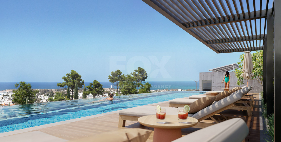 One bedroom outstanding apartment on the first floor of a luxury Complex in Universal area of  Paphos, for sale.