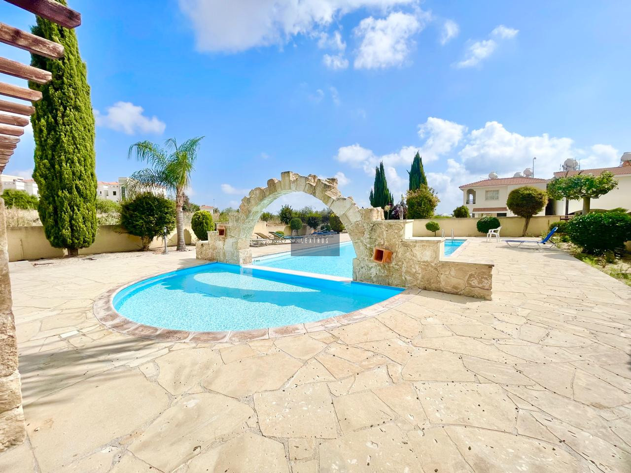 Ground -Bedroom Apartment with Pool and Private Garden in Coastal Pegeia